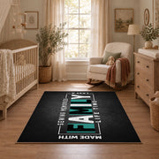 Funny family typography area rug in black, white, and teal, full pattern view