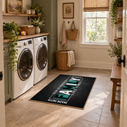 Funny family typography area rug in black, white, and teal, design detail view