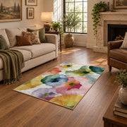 Pastel watercolor floral area rug in pink, yellow, green, blue, and lavender, featured room view
