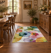 Pastel watercolor floral area rug in pink, yellow, green, blue, and lavender, front room mockup