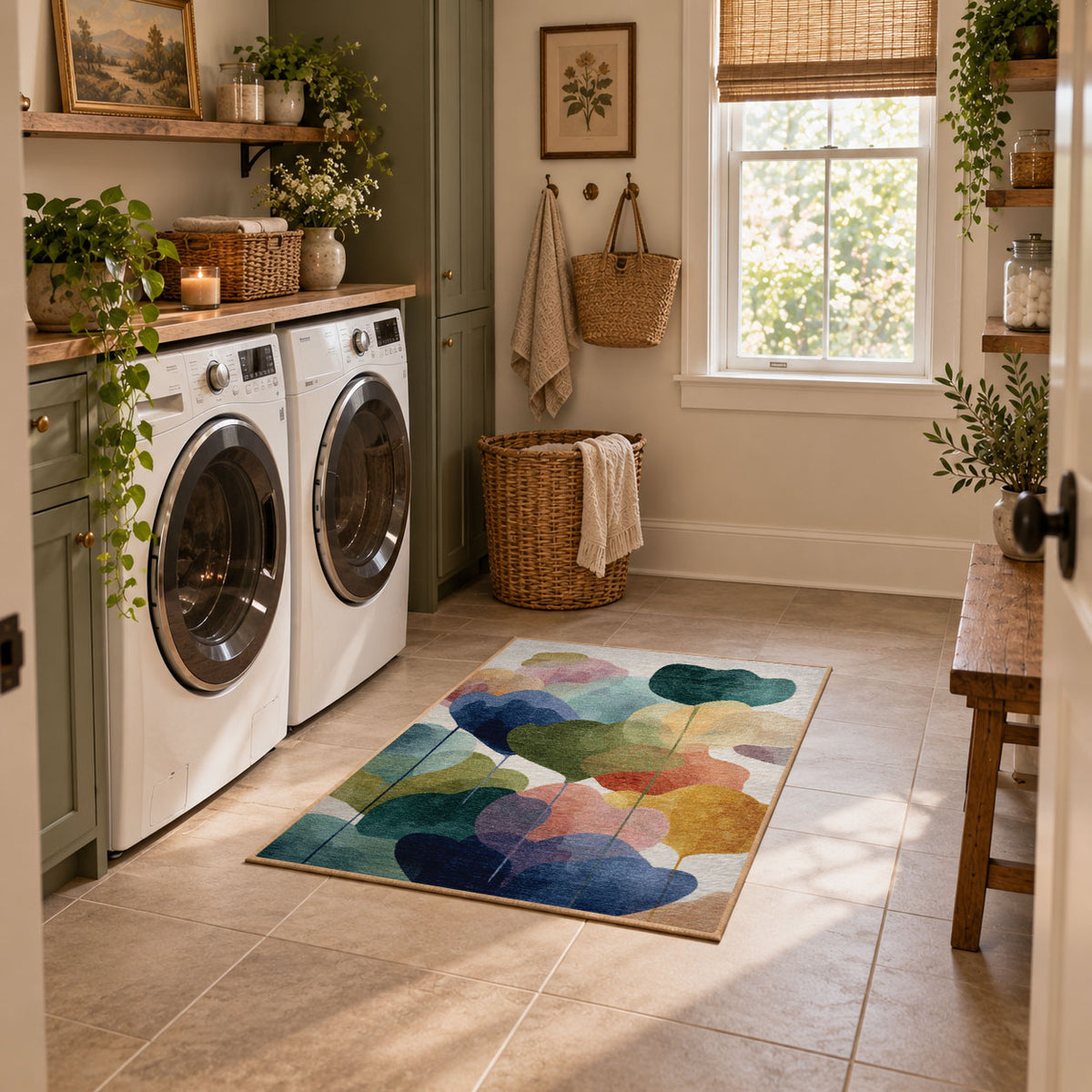 Pastel abstract pebble area rug in teal, navy, coral, yellow, and blush, featured room view
