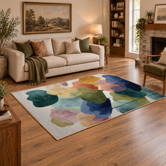 Pastel abstract pebble area rug in teal, navy, coral, yellow, and blush, angled room view