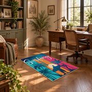 Sunset palm tree area rug in pink, teal, orange, navy, and cream, complete product view