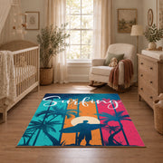 Sunset palm tree area rug in pink, teal, orange, navy, and cream, full pattern view