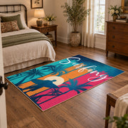 Sunset palm tree area rug in pink, teal, orange, navy, and cream, soft surface detail