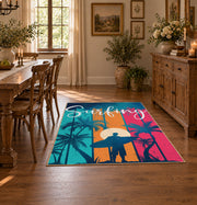 Sunset palm tree area rug in pink, teal, orange, navy, and cream, front room mockup