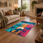 Sunset palm tree area rug in pink, teal, orange, navy, and cream, design detail view