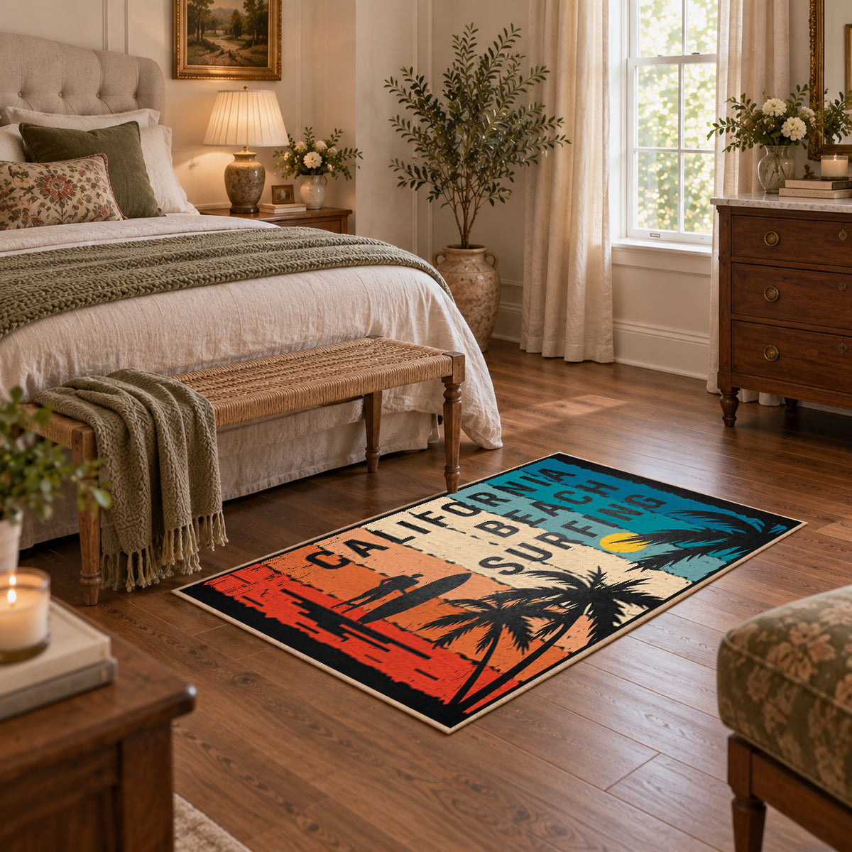 California beach typography area rug in teal, orange, cream, and black, featured room view