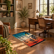 California beach typography area rug in teal, orange, cream, and black, complete product view