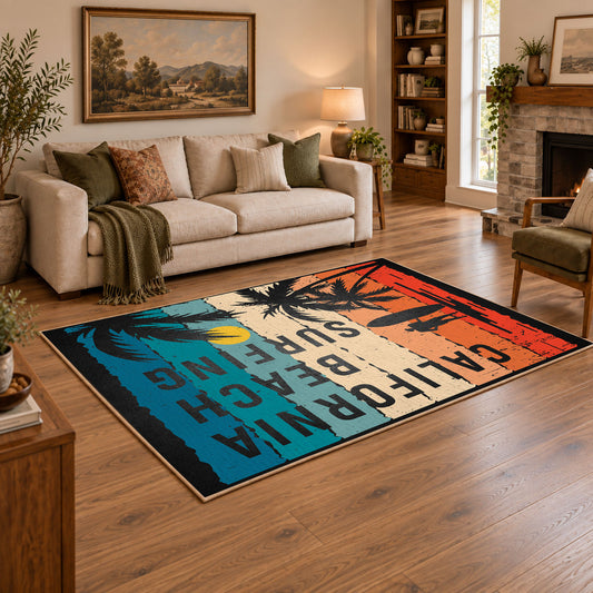 California beach typography area rug in teal, orange, cream, and black, angled room view