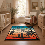 California beach typography area rug in teal, orange, cream, and black, full pattern view