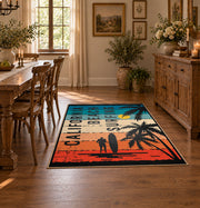 California beach typography area rug in teal, orange, cream, and black, front room mockup