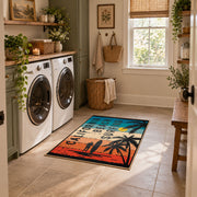 California beach typography area rug in teal, orange, cream, and black, design detail view