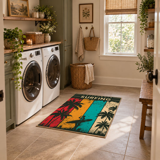 California surfing area rug in teal, red, yellow, cream, and dark green, featured room view
