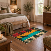 California surfing area rug in teal, red, yellow, cream, and dark green, cozy home setting