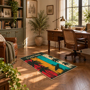 California surfing area rug in teal, red, yellow, cream, and dark green, complete product view