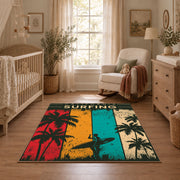 California surfing area rug in teal, red, yellow, cream, and dark green, full pattern view