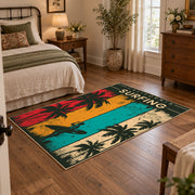 California surfing area rug in teal, red, yellow, cream, and dark green, soft surface detail
