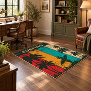 California surfing area rug in teal, red, yellow, cream, and dark green, wood floor styling