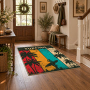 California surfing area rug in teal, red, yellow, cream, and dark green, close decorative detail