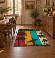 California surfing area rug in teal, red, yellow, cream, and dark green, front room mockup