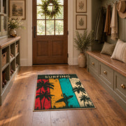 California surfing area rug in teal, red, yellow, cream, and dark green, wide interior view