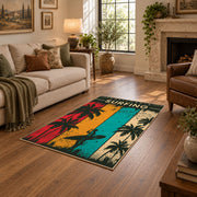 California surfing area rug in teal, red, yellow, cream, and dark green, design detail view