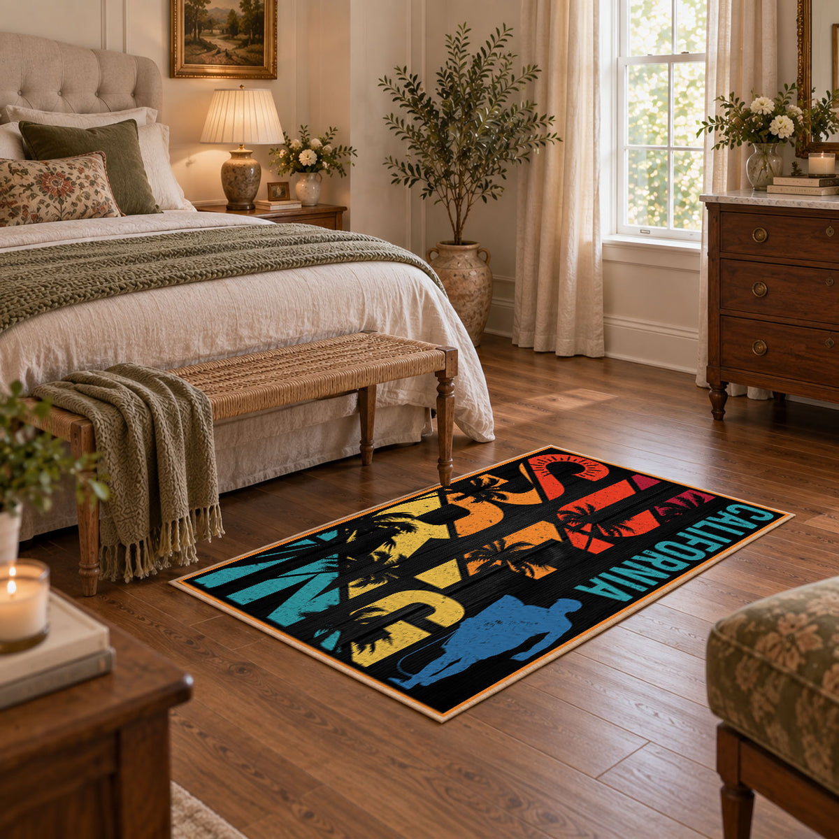 California palm collage area rug in black, orange, teal, yellow, and red, featured room view