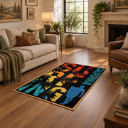 California palm collage area rug in black, orange, teal, yellow, and red, cozy home setting