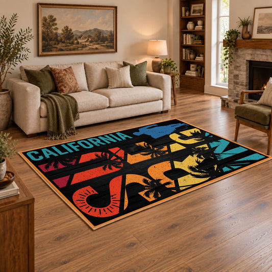 California palm collage area rug in black, orange, teal, yellow, and red, angled room view
