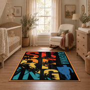 California palm collage area rug in black, orange, teal, yellow, and red, full pattern view