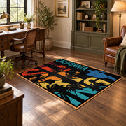 California palm collage area rug in black, orange, teal, yellow, and red, wood floor styling