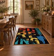 California palm collage area rug in black, orange, teal, yellow, and red, front room mockup