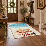 Sunny beach surfboard area rug in aqua, cream, coral, and tan, featured room view
