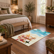 Sunny beach surfboard area rug in aqua, cream, coral, and tan, cozy home setting