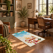 Sunny beach surfboard area rug in aqua, cream, coral, and tan, complete product view