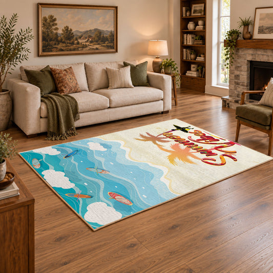 Sunny beach surfboard area rug in aqua, cream, coral, and tan, angled room view