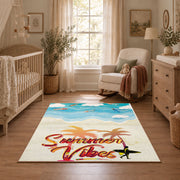 Sunny beach surfboard area rug in aqua, cream, coral, and tan, full pattern view