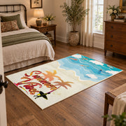 Sunny beach surfboard area rug in aqua, cream, coral, and tan, soft surface detail