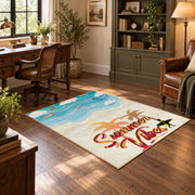 Sunny beach surfboard area rug in aqua, cream, coral, and tan, wood floor styling