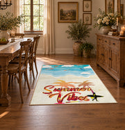 Sunny beach surfboard area rug in aqua, cream, coral, and tan, close decorative detail