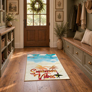 Sunny beach surfboard area rug in aqua, cream, coral, and tan, front room mockup