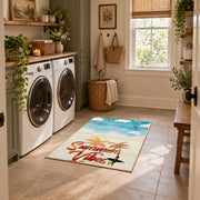 Sunny beach surfboard area rug in aqua, cream, coral, and tan, wide interior view