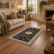 Ornate black and cream traditional medallion area rug, view 11