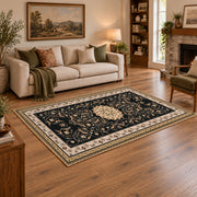 Ornate black and cream traditional medallion area rug, view 3