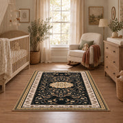 Ornate black and cream traditional medallion area rug, view 4