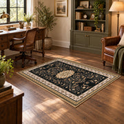 Ornate black and cream traditional medallion area rug, view 6