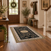 Ornate black and cream traditional medallion area rug, view 7