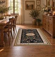Ornate black and cream traditional medallion area rug, view 8