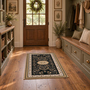 Ornate black and cream traditional medallion area rug, view 9